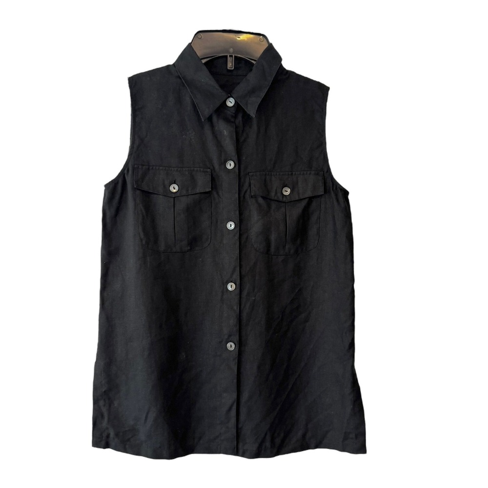 REAL CLOTHES PETITE 100% Linen Black Button Front‎ Sleeveless Shirt
